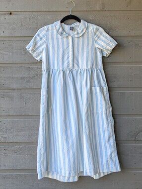 VTG Lands' End White Blue Stripe Peter Pan Collar Dress Size 10 Linen Cotton